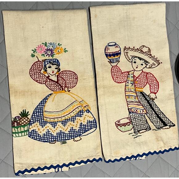 VTG Handmade 5 Pc Set Tea Towels Hot Pads Hand Stitched Southwest Mexcian Themed - Picture 2 of 10